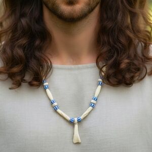 Native Bone Hairpipe & Blue Chevron Bead Buffalo Tooth Necklace 18" Adjustable